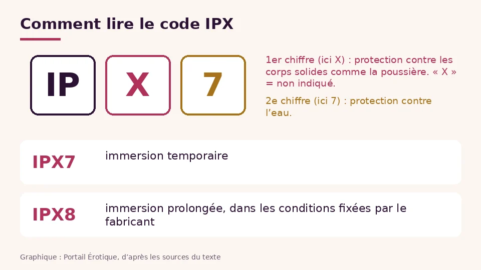 Étanchéité IPX expliquée en graphique : premier chiffre poussière, second chiffre eau, IPX7 et IPX8 comparés