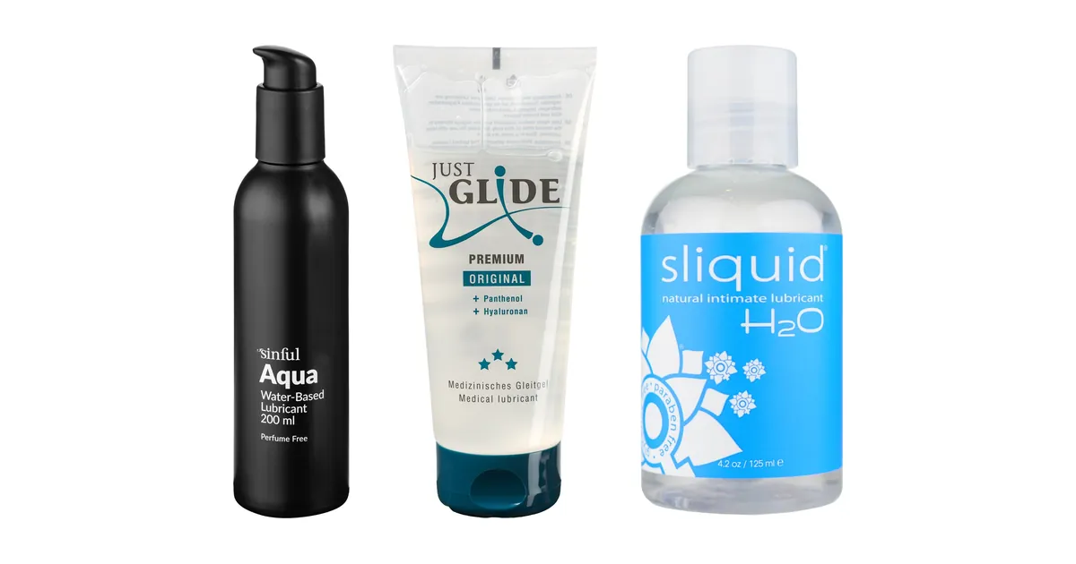 Comparatif lubrifiants: Sinful Aqua lubrifiant à base d'eau 200 ml, Just Glide Premium Original lubrifiant (acide hyaluronique/panthénol) 200 ml et Sliquid H2O Water-based lubrifiant 125 ml en photos produit